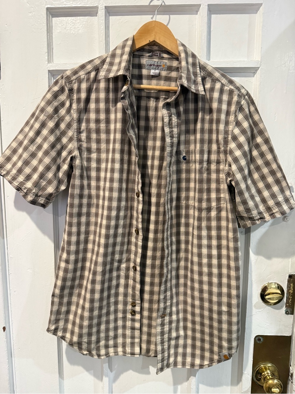 Carhartt Short-Sleeve Plaid Button-Down Shirt in Beige and Brown